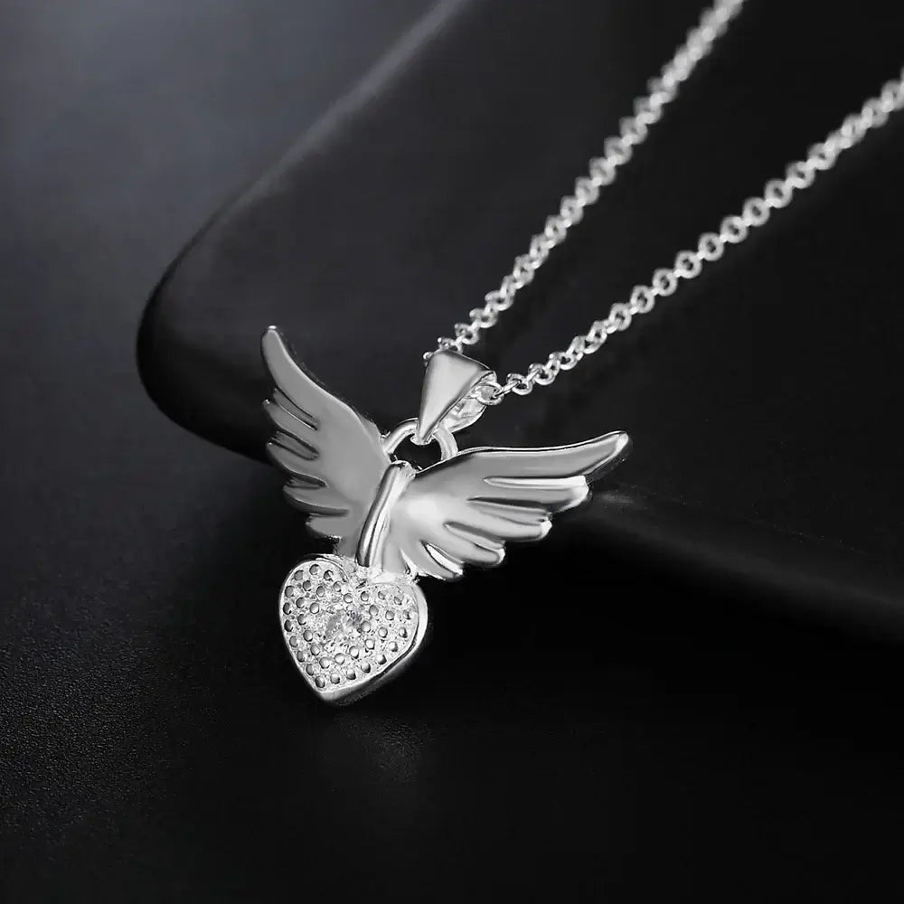 Heart Wings 925 Sterling Silver Zircon Pendant Necklace