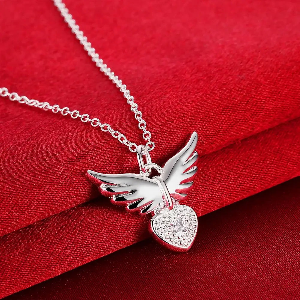 Heart Wings 925 Sterling Silver Zircon Pendant Necklace