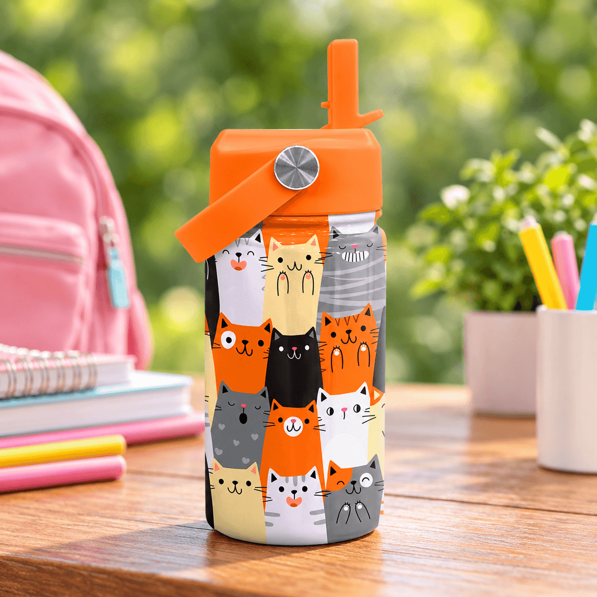 Kids Cat Print Stainless Steel Water Bottle Lead-Free 12oz