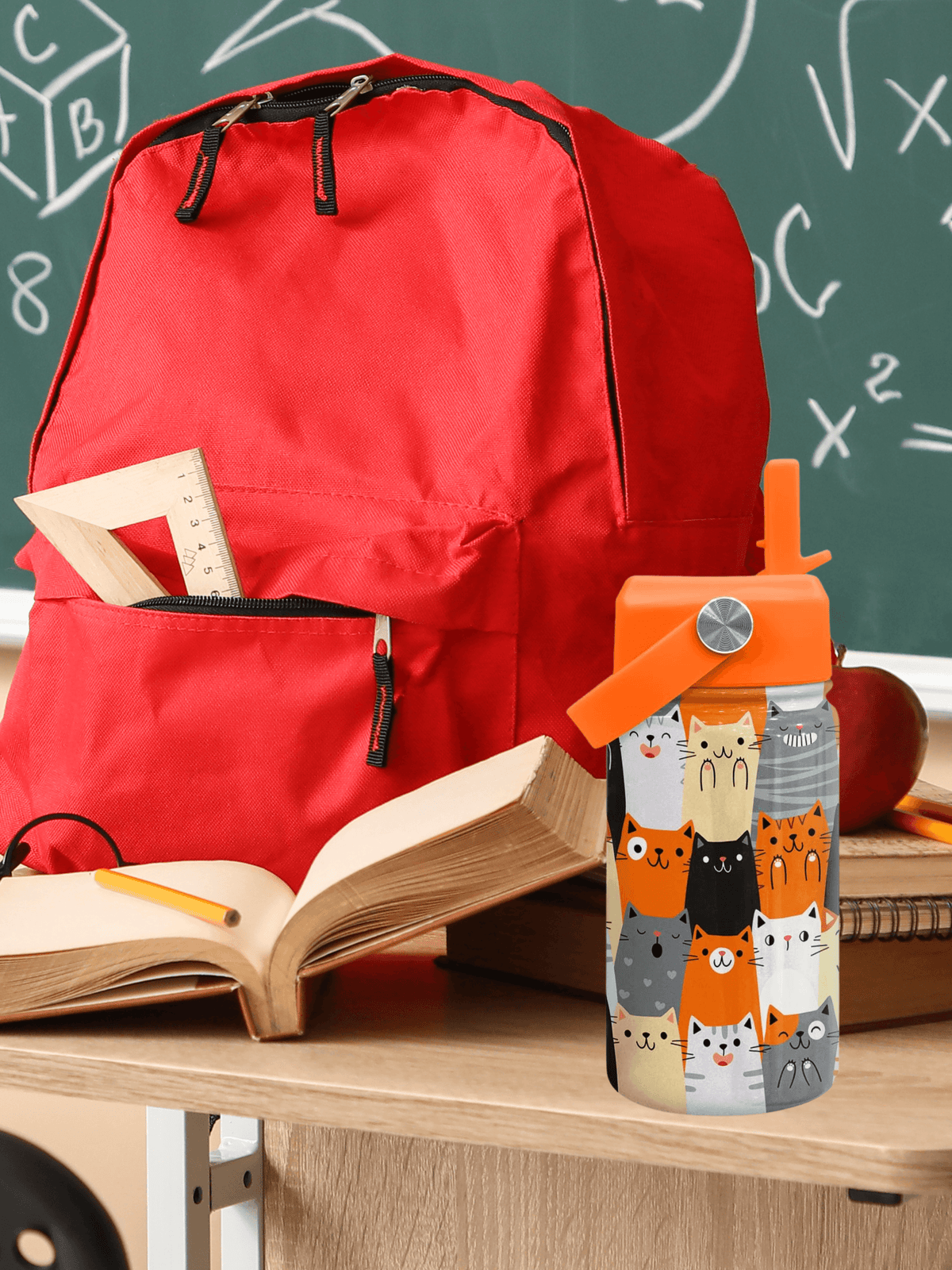 Kids Cat Print Stainless Steel Water Bottle Lead-Free 12oz