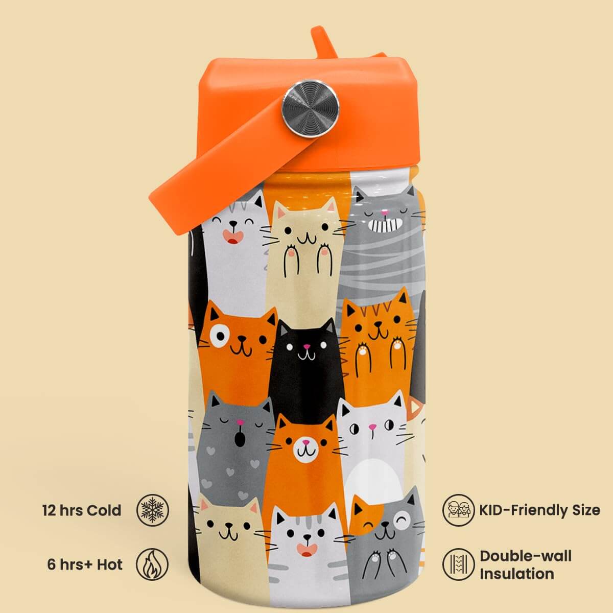 Kids Cat Print Stainless Steel Water Bottle Lead-Free 12oz