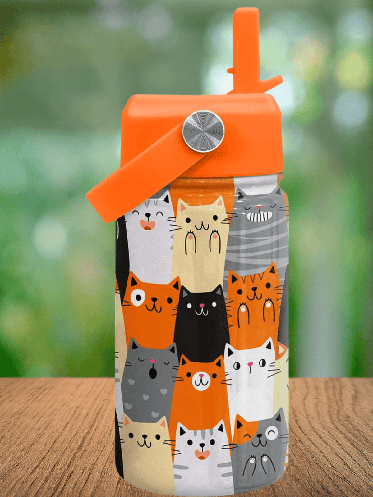 Kids Cat Print Stainless Steel Water Bottle Lead-Free 12oz