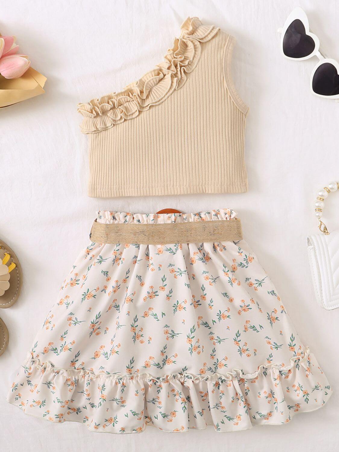 Little Fashionista One-Shoulder Top & Printed Skirt Set