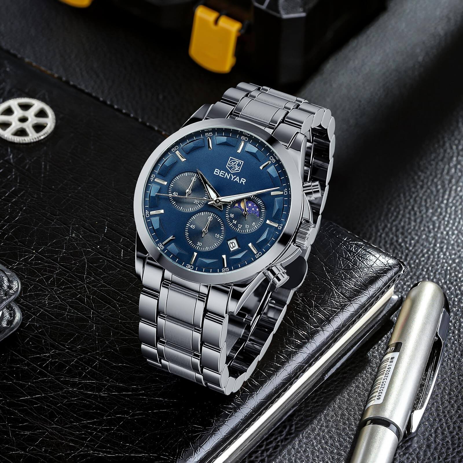 Mens Elegant Stainless Steel Analog Chronograph Watch