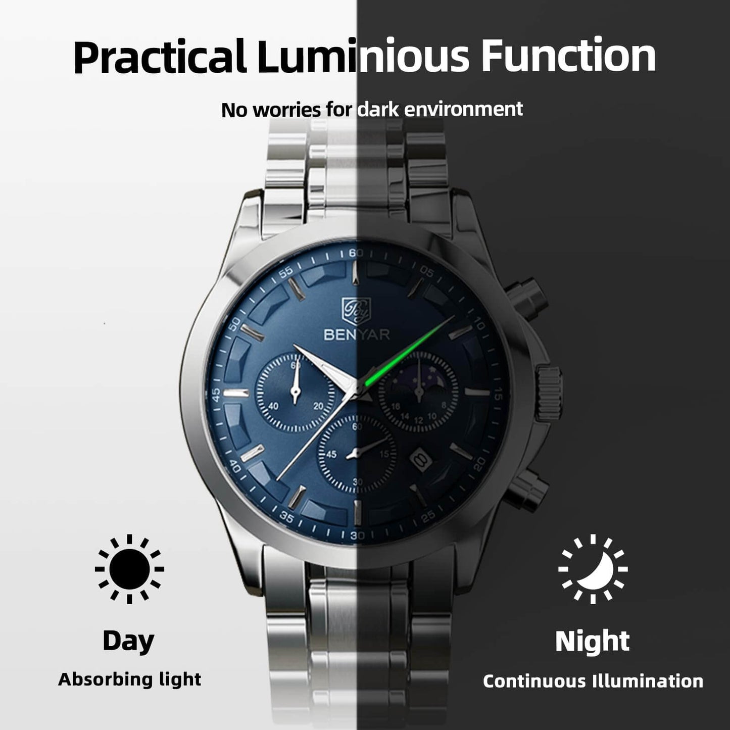 Mens Elegant Stainless Steel Analog Chronograph Watch