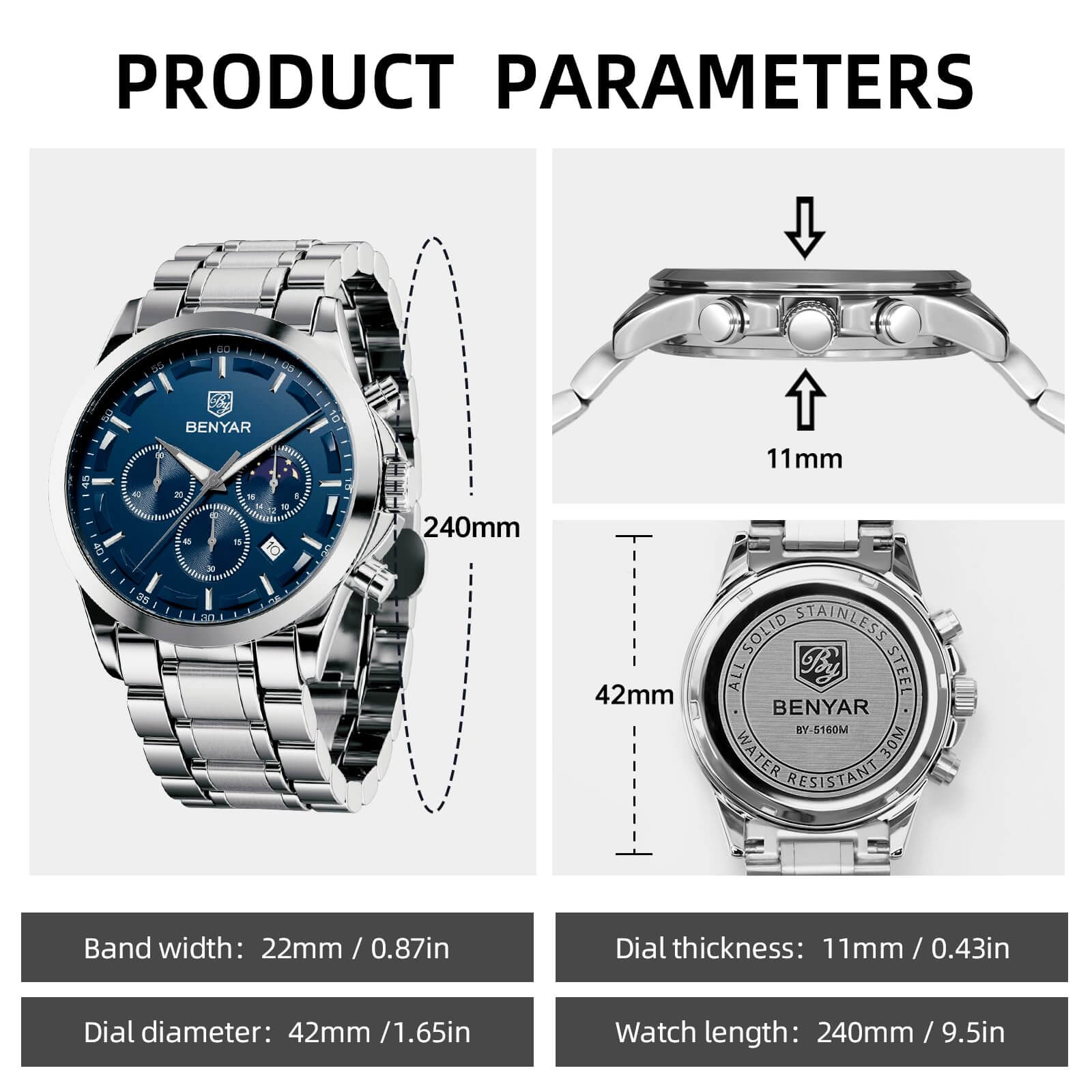Mens Elegant Stainless Steel Analog Chronograph Watch