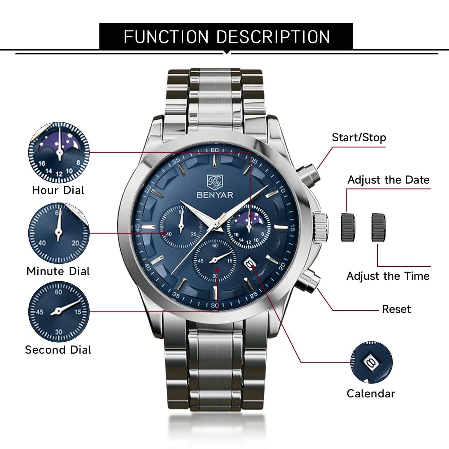 Mens Elegant Stainless Steel Analog Chronograph Watch