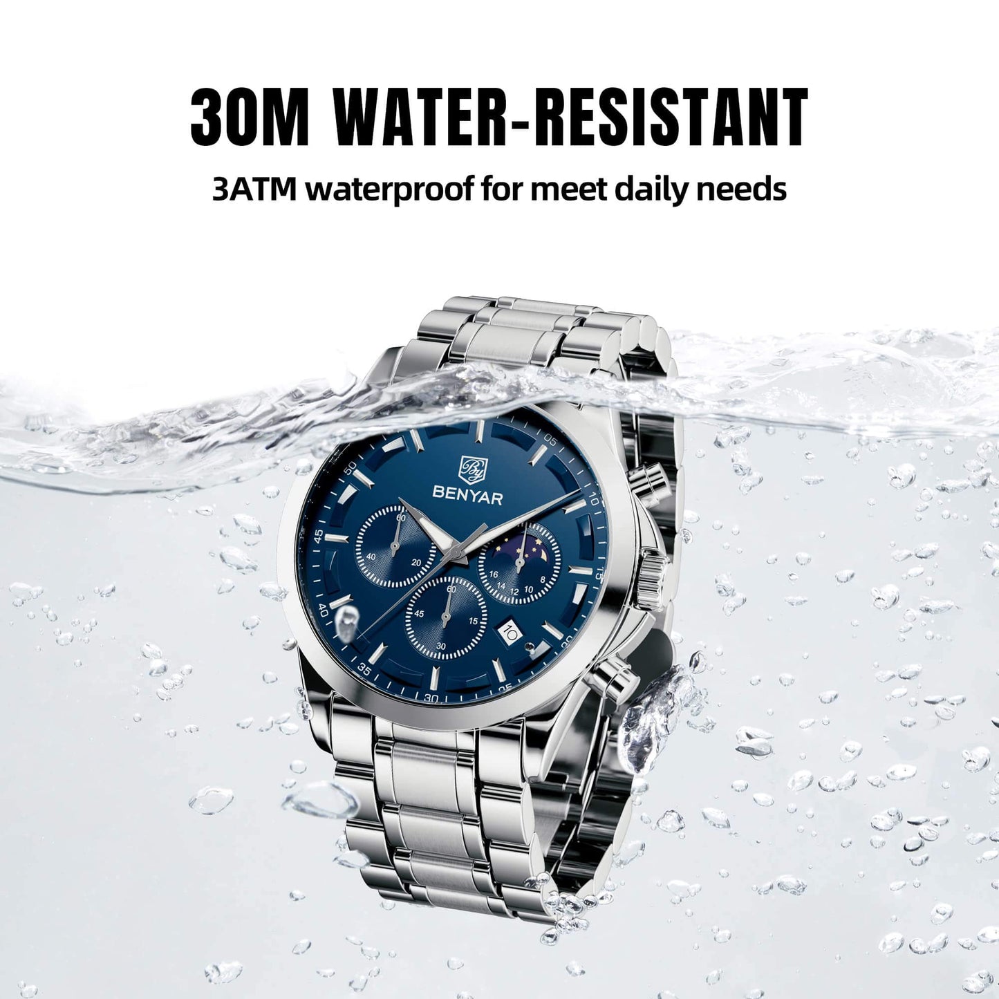 Mens Elegant Stainless Steel Analog Chronograph Watch