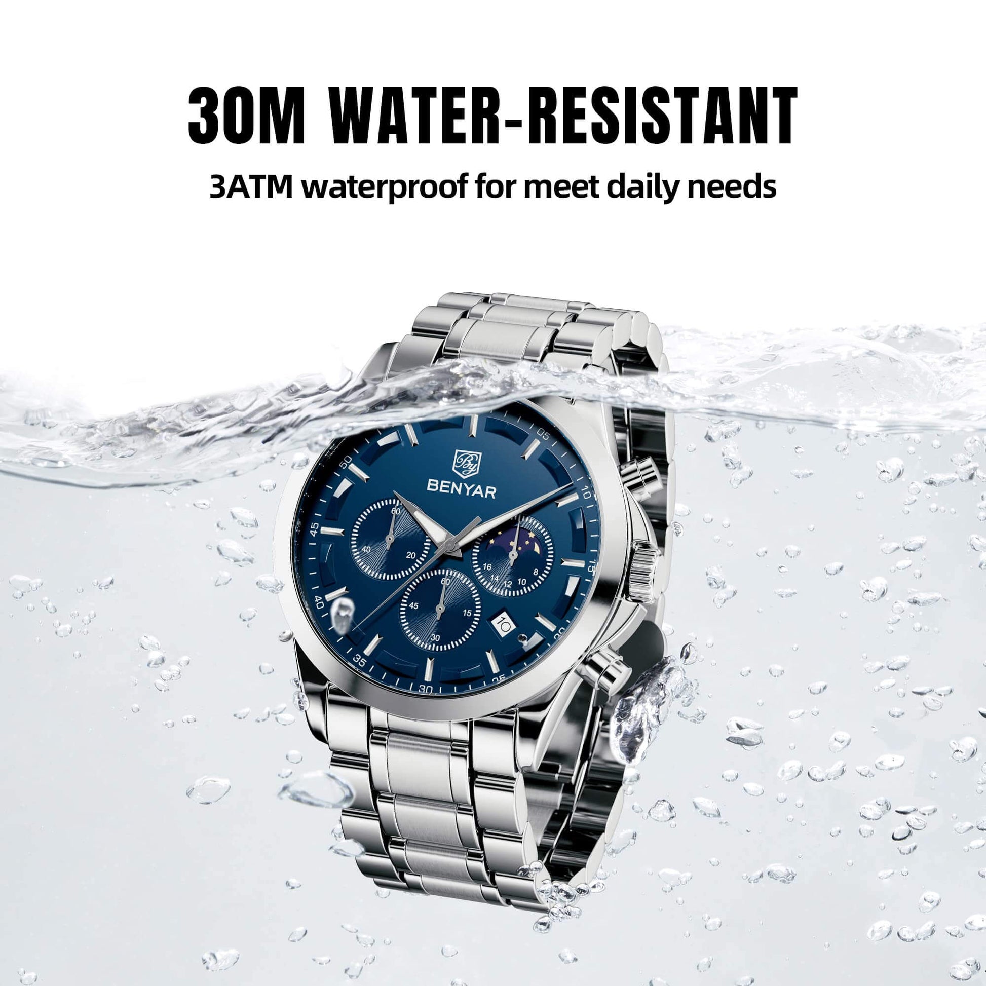 Mens Elegant Stainless Steel Analog Chronograph Watch