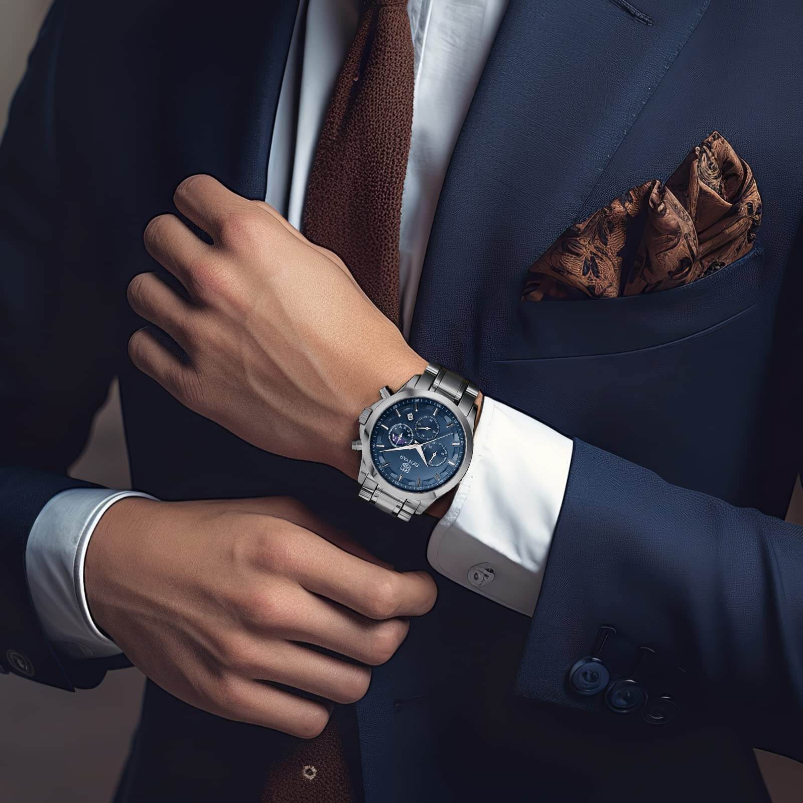 Mens Elegant Stainless Steel Analog Chronograph Watch