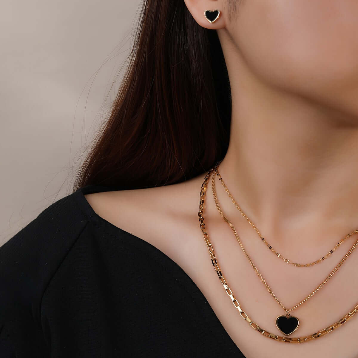 Multi-Layer Black Heart Jewelry Set - Chic Boho Style