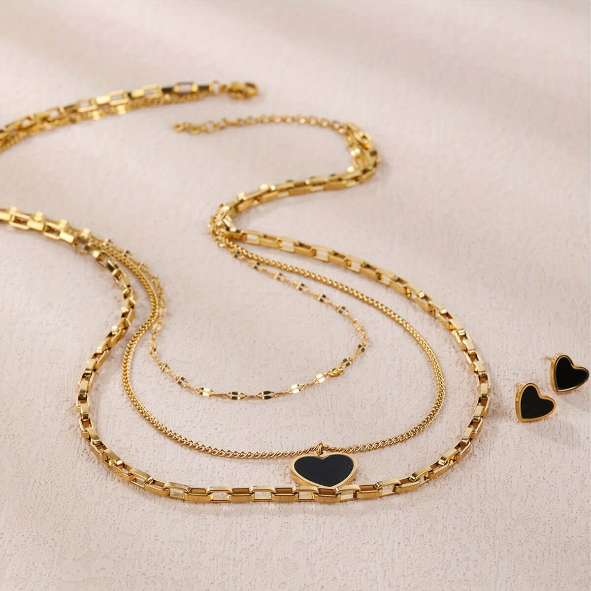 Multi-Layer Black Heart Jewelry Set - Chic Boho Style