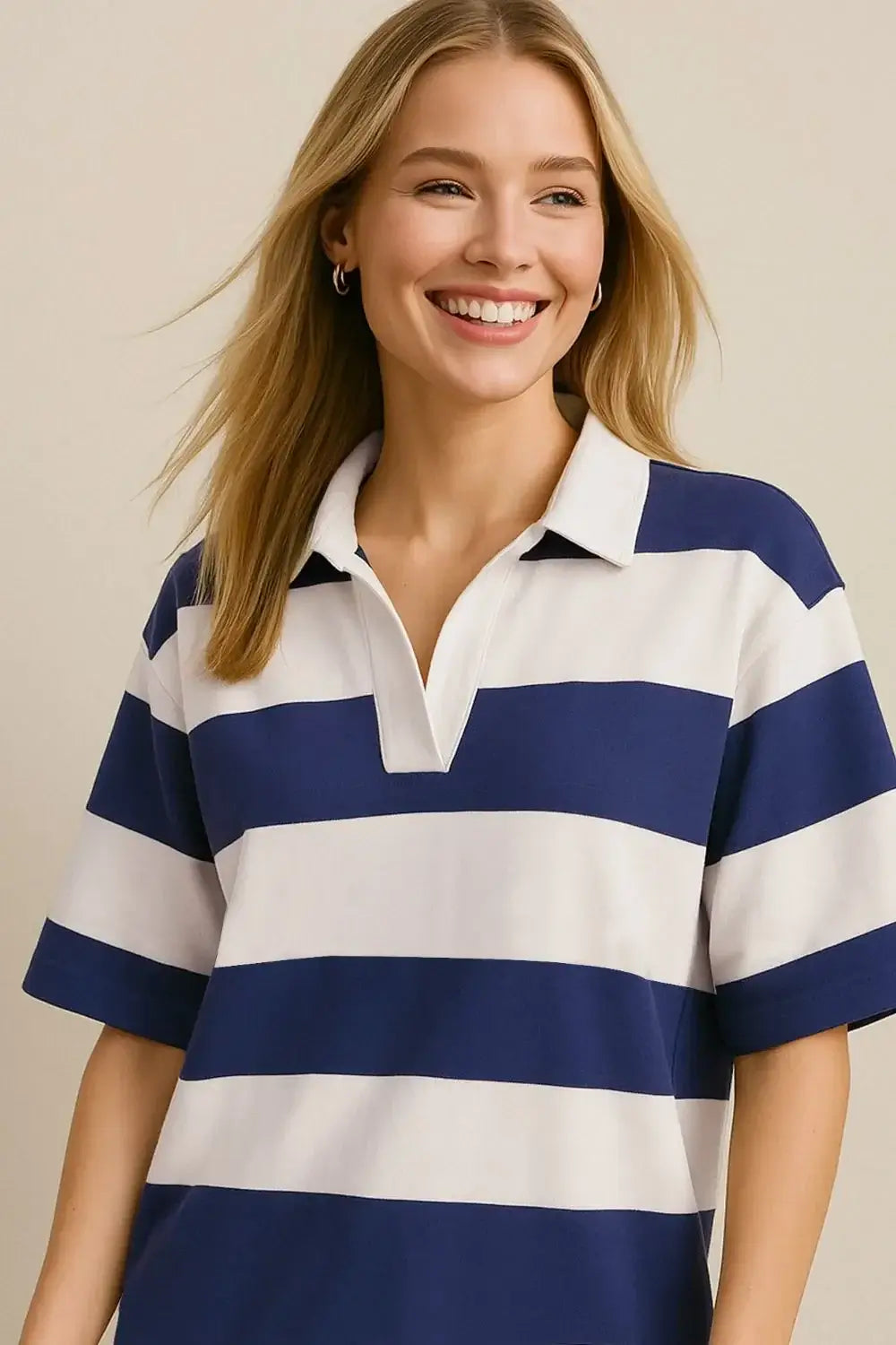Pima Cotton Color Block Johnny Collar Top - Half Sleeve