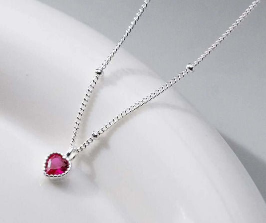 S925 Sterling Silver Heart Necklace with Red Crystal Pendant