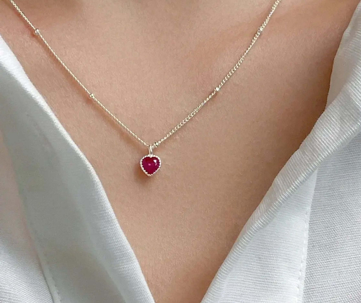 S925 Sterling Silver Heart Necklace with Red Crystal Pendant