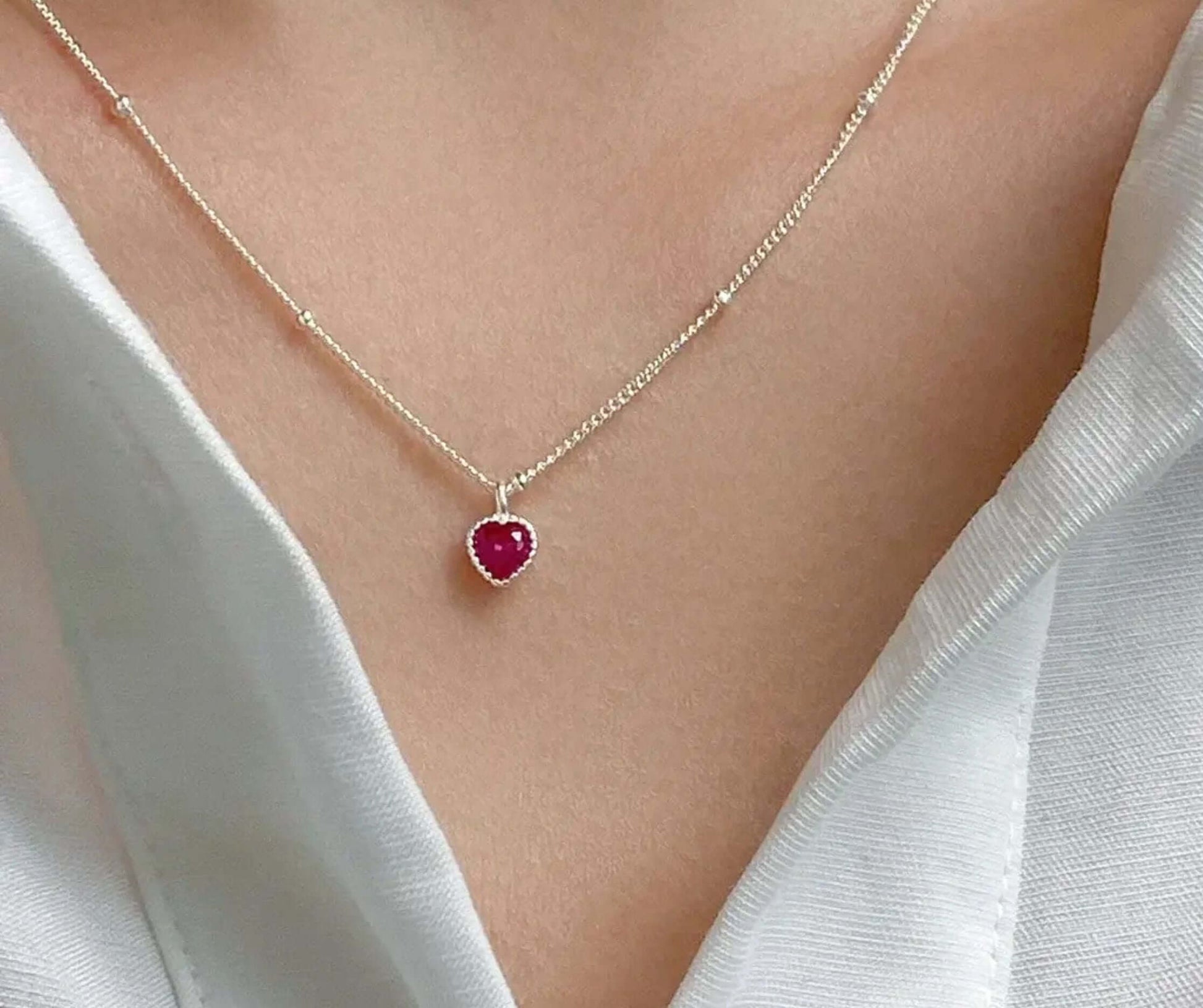 S925 Sterling Silver Heart Necklace with Red Crystal Pendant
