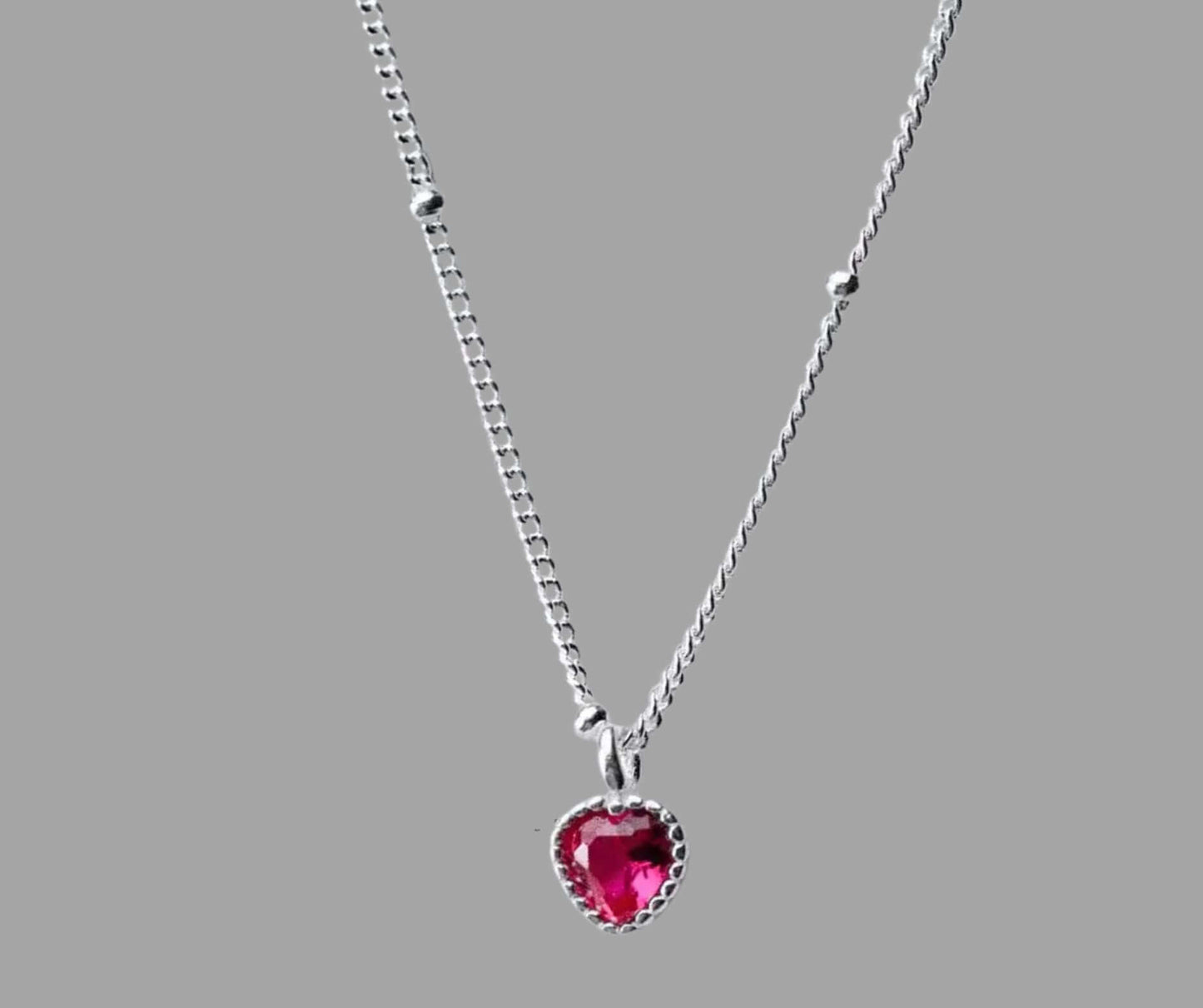 S925 Sterling Silver Heart Necklace with Red Crystal Pendant