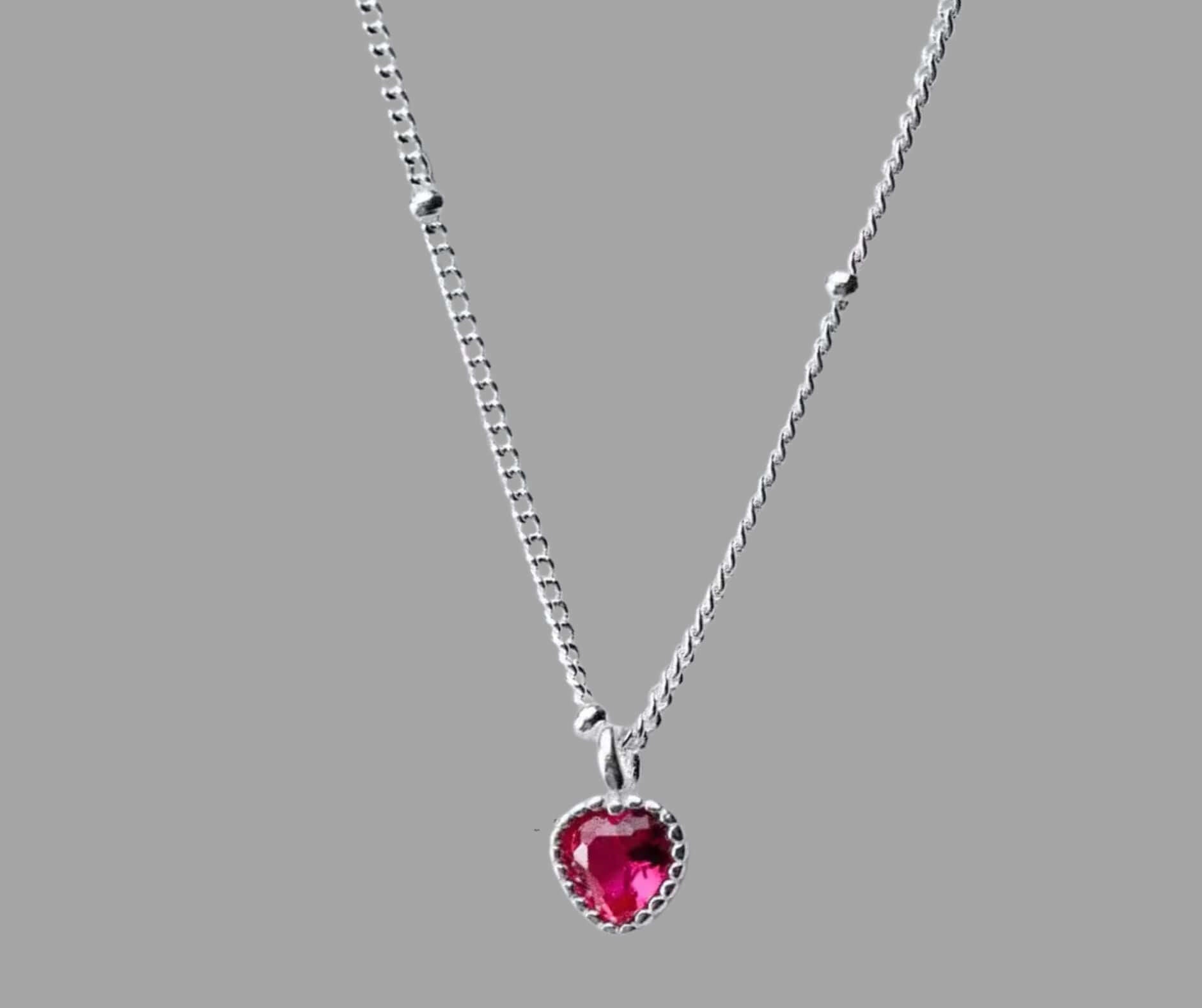 S925 Sterling Silver Heart Necklace with Red Crystal Pendant