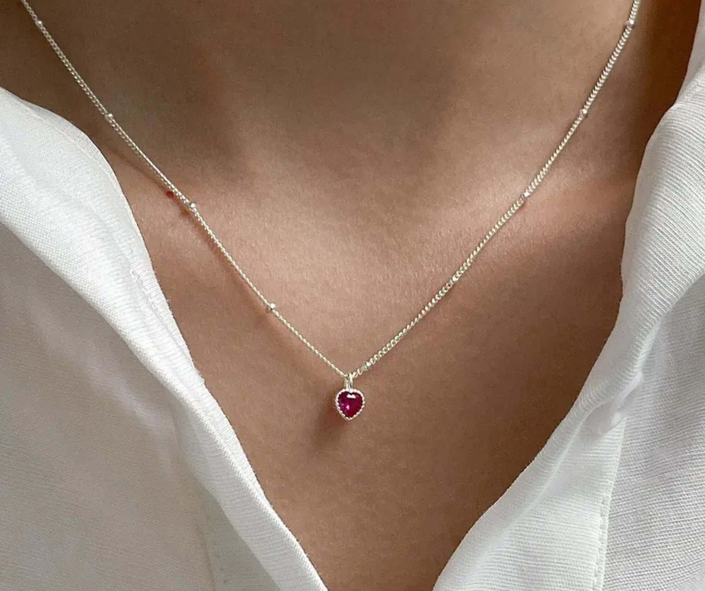 S925 Sterling Silver Heart Necklace with Red Crystal Pendant