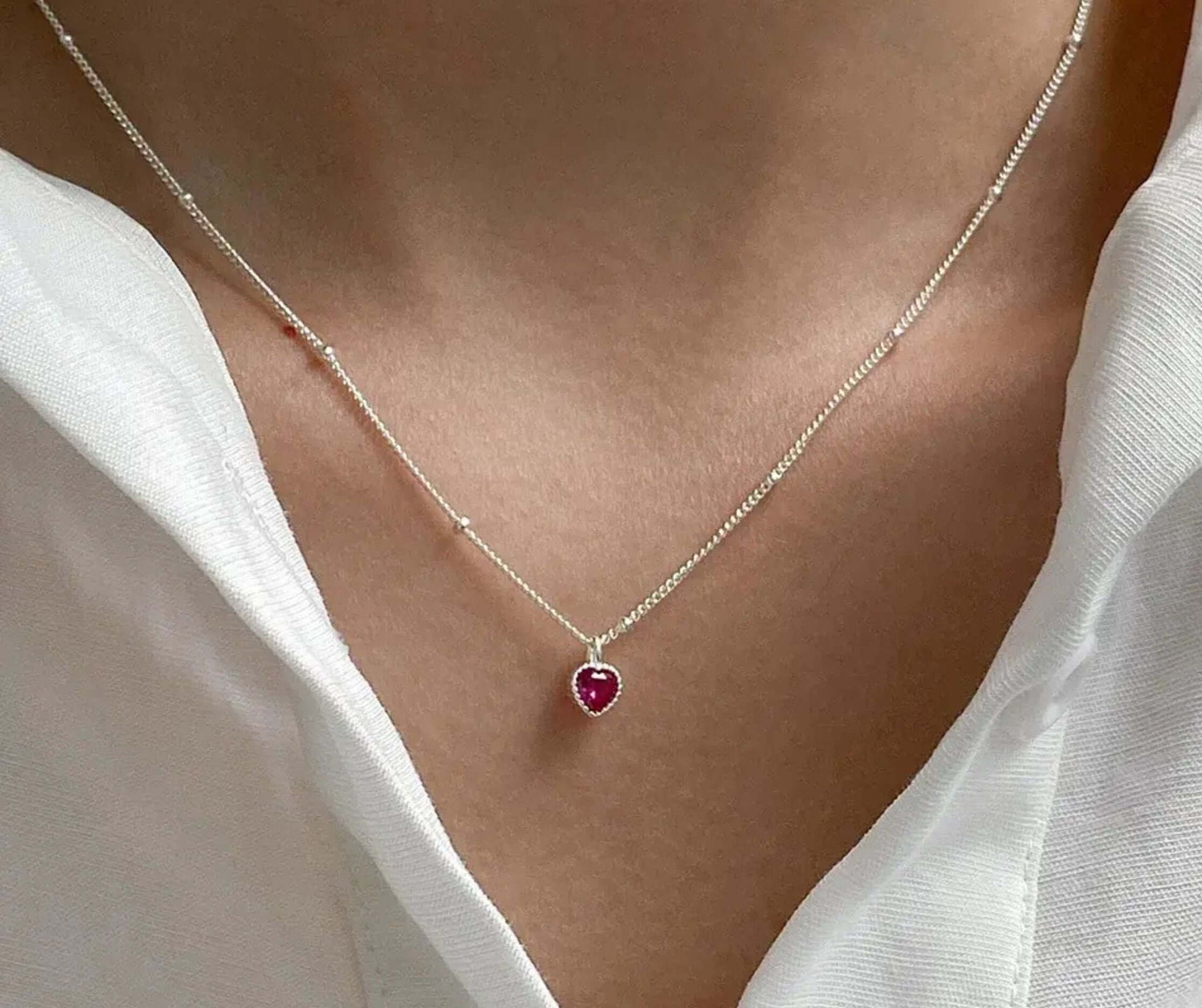 S925 Sterling Silver Heart Necklace with Red Crystal Pendant