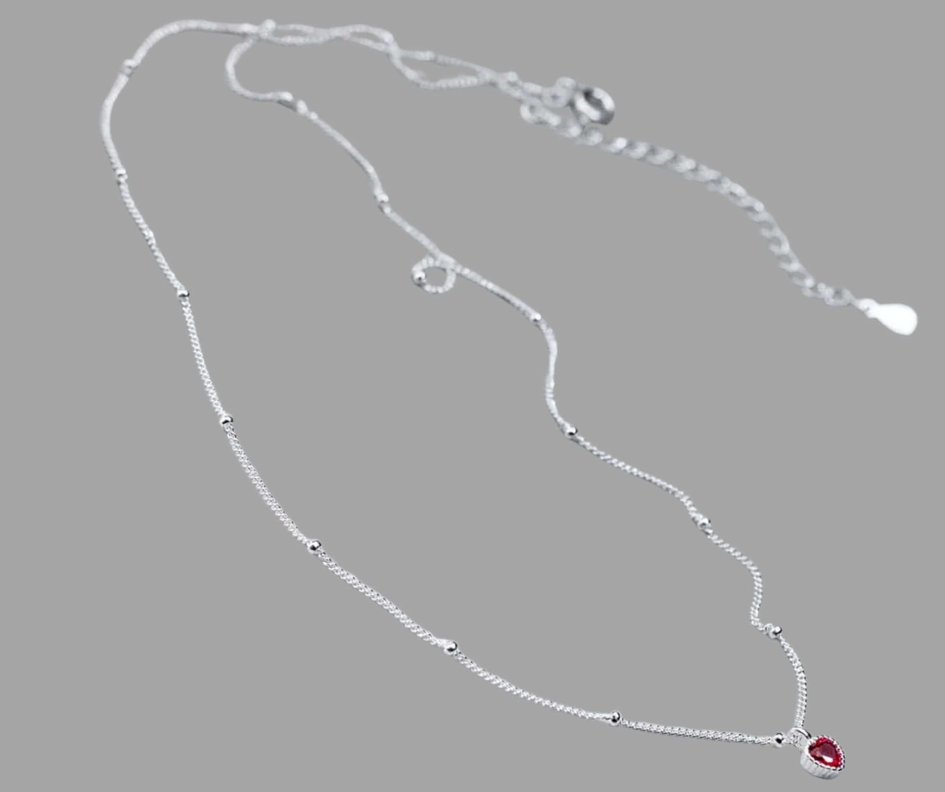 S925 Sterling Silver Heart Necklace with Red Crystal Pendant