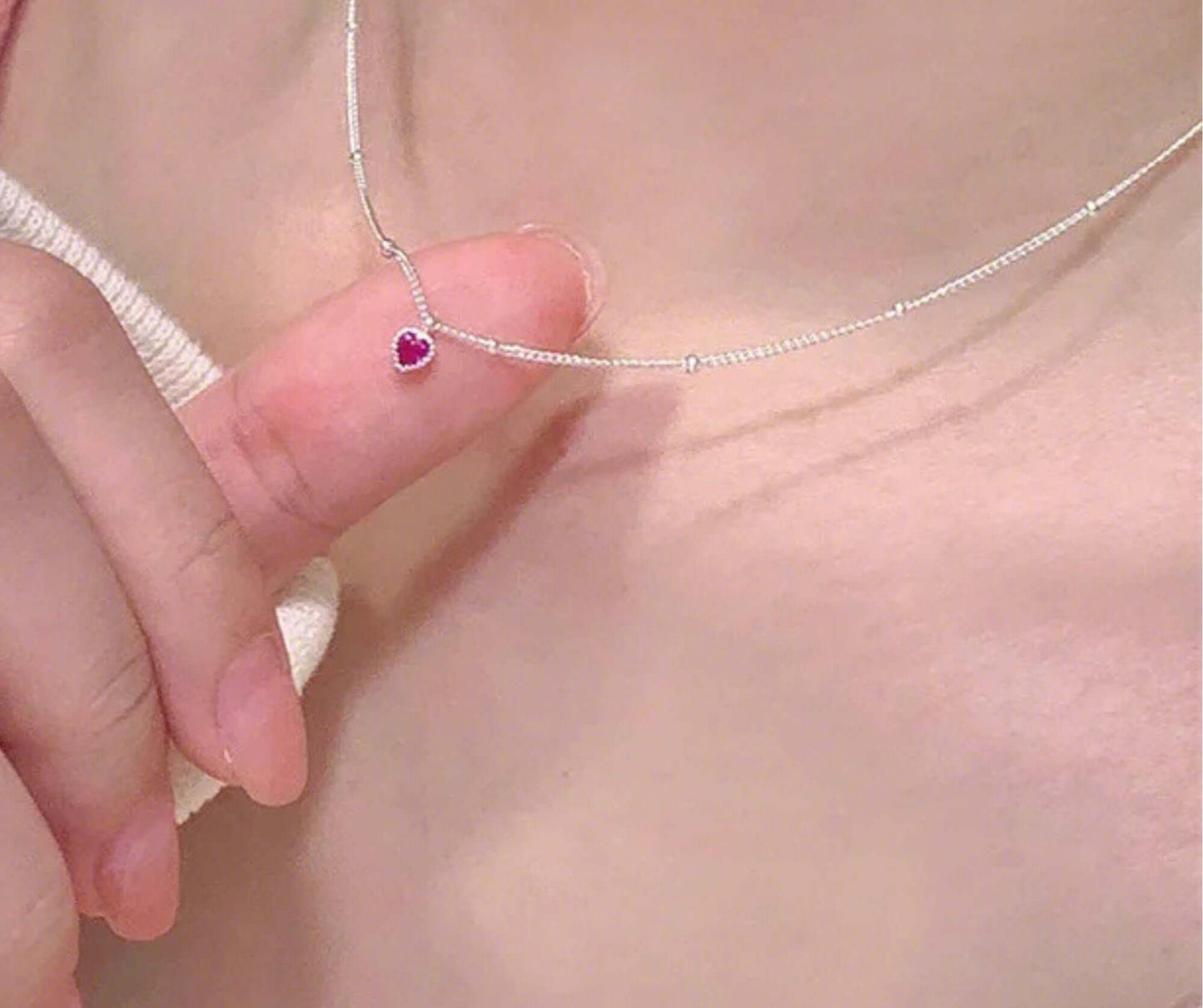 S925 Sterling Silver Heart Necklace with Red Crystal Pendant
