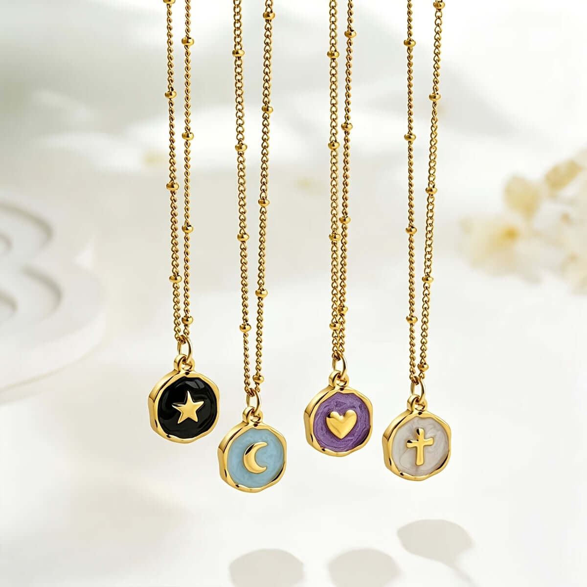 Stainless Steel Resin Inlay Necklace - Cross Heart Star Moon