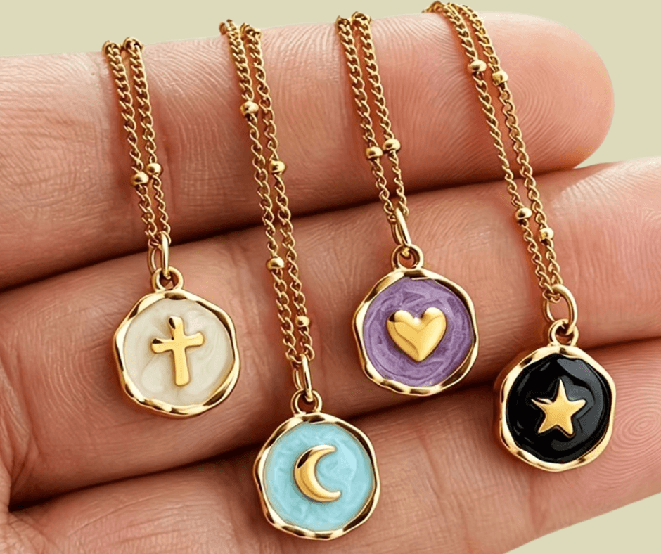 Stainless Steel Resin Inlay Necklace - Cross Heart Star Moon
