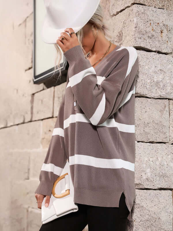Stripes & Style Front Buttoned Knit Sweater