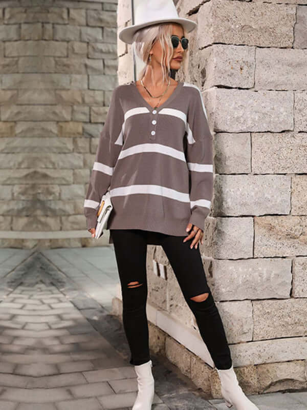 Stripes & Style Front Buttoned Knit Sweater