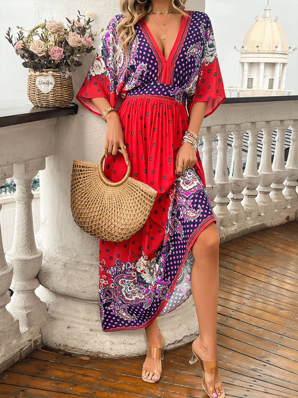 Sun-Kissed Style V-Neck Printed Maxi Skirt