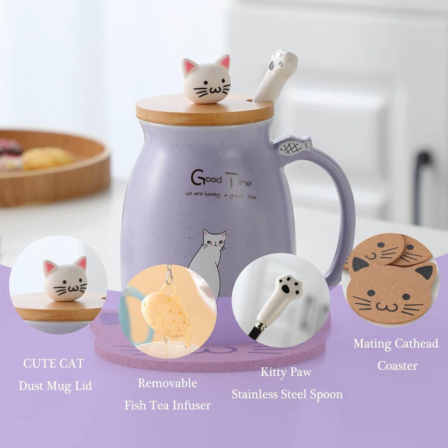 Tea Time with Kitty Cat Mug with Lid Spoon & Infuser