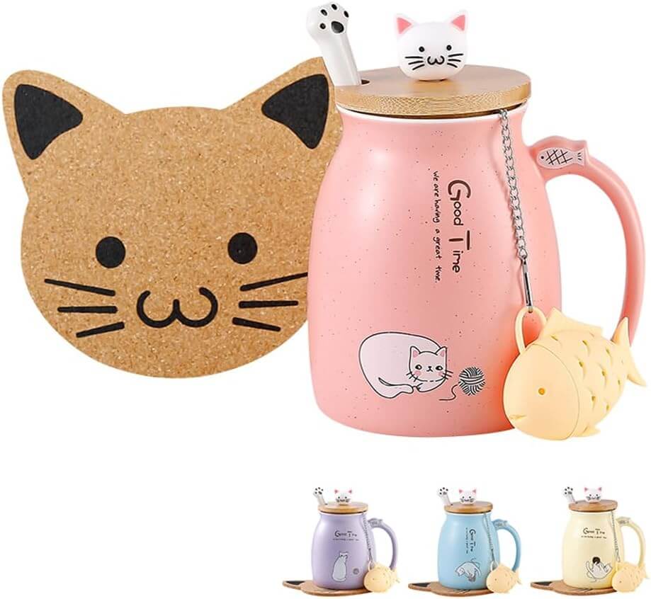 Tea Time with Kitty Cat Mug with Lid Spoon & Infuser