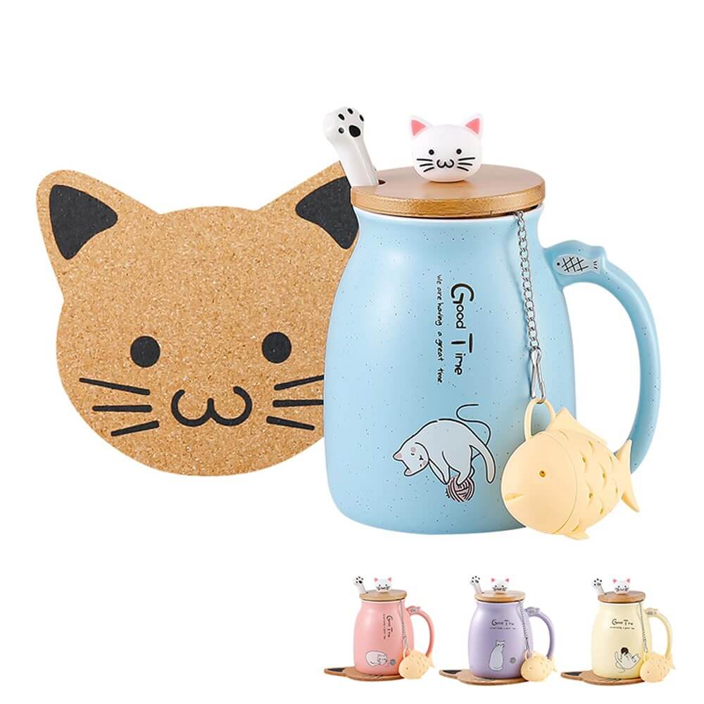 Tea Time with Kitty Cat Mug with Lid Spoon & Infuser