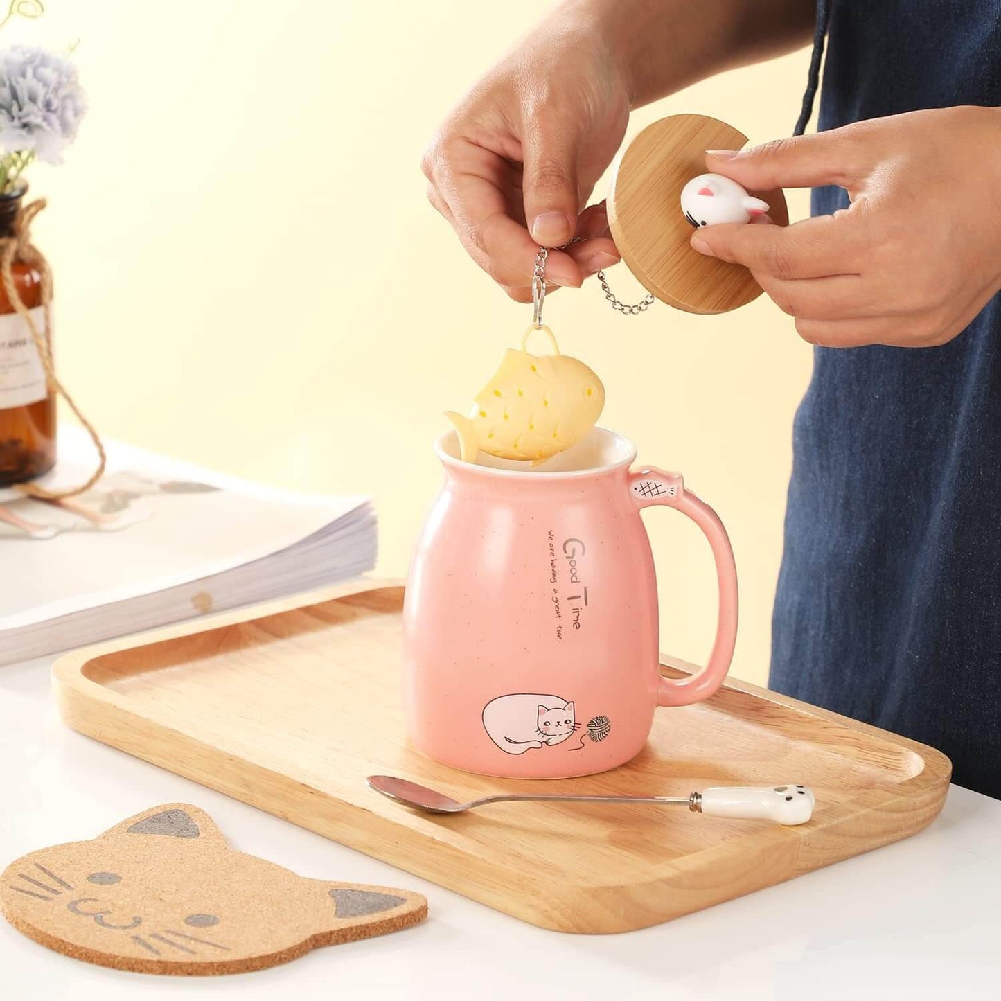 Tea Time with Kitty Cat Mug with Lid Spoon & Infuser