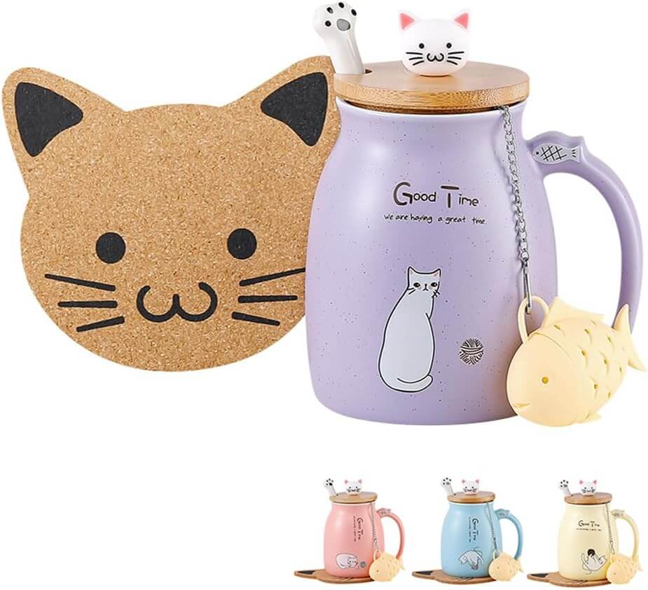 Tea Time with Kitty Cat Mug with Lid Spoon & Infuser