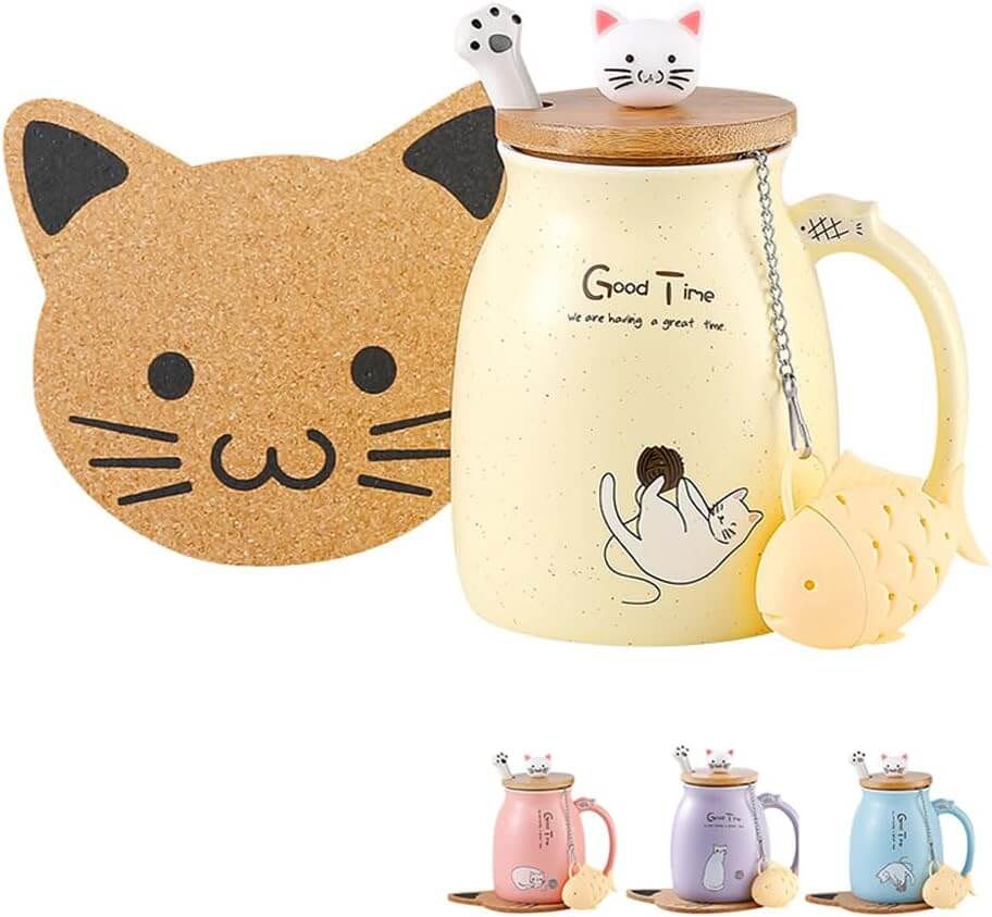 Tea Time with Kitty Cat Mug with Lid Spoon & Infuser