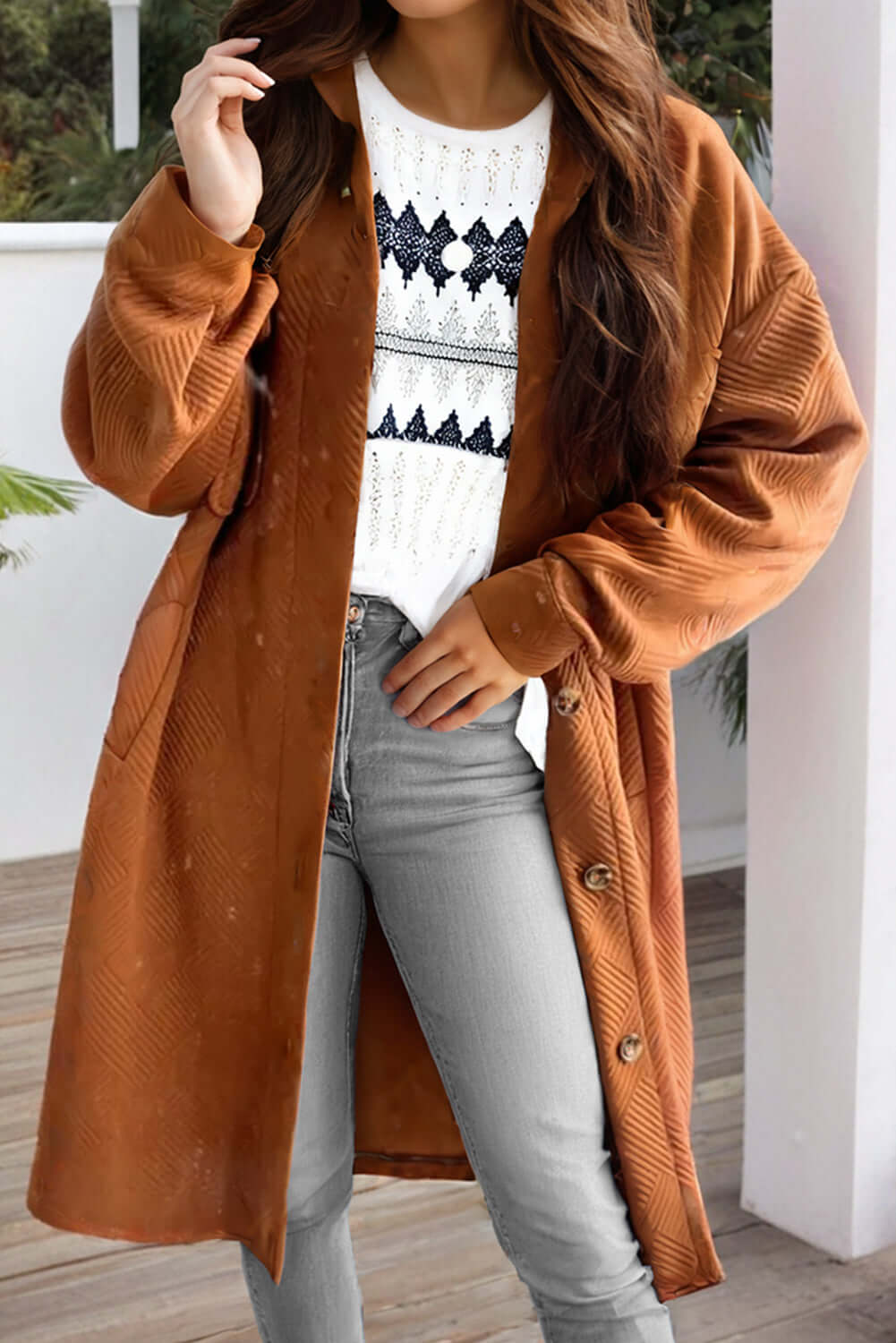 Textured Sophistication Collared Neck Coat