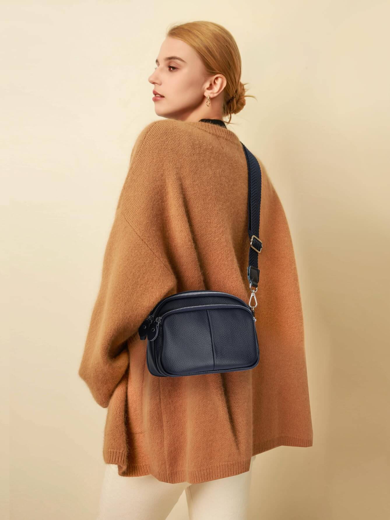 Triple Zip Small Leather Camera Crossbody Bag