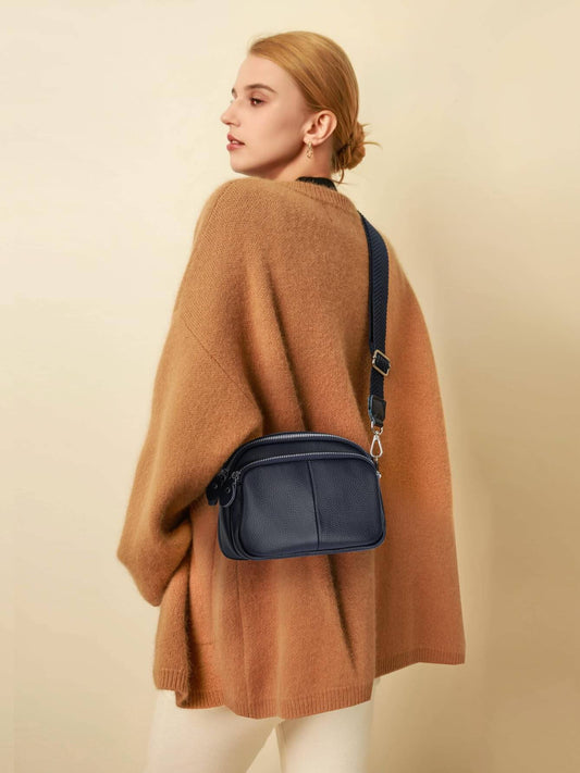 Triple Zip Small Leather Camera Crossbody Bag