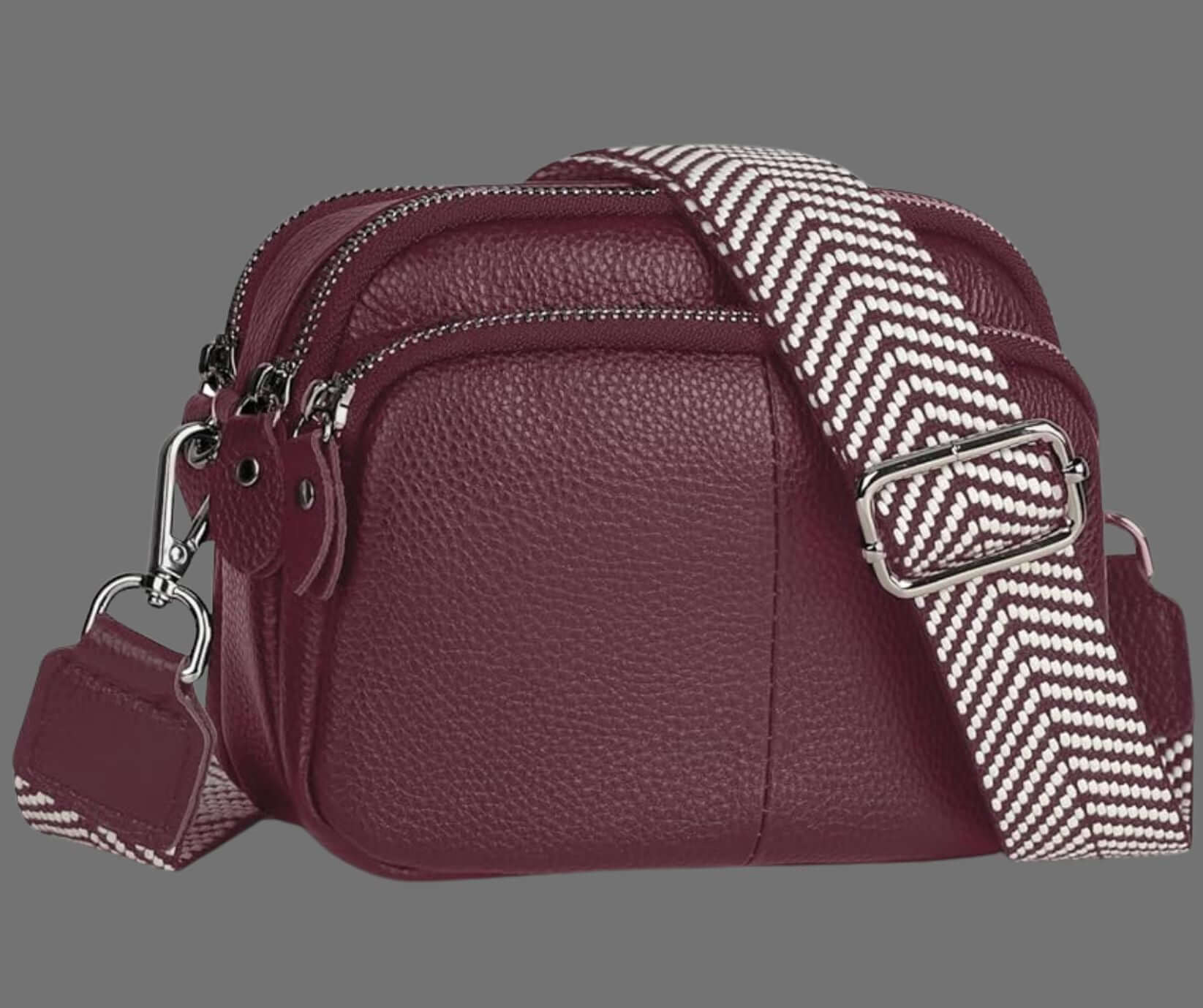 Triple Zip Small Leather Camera Crossbody Bag