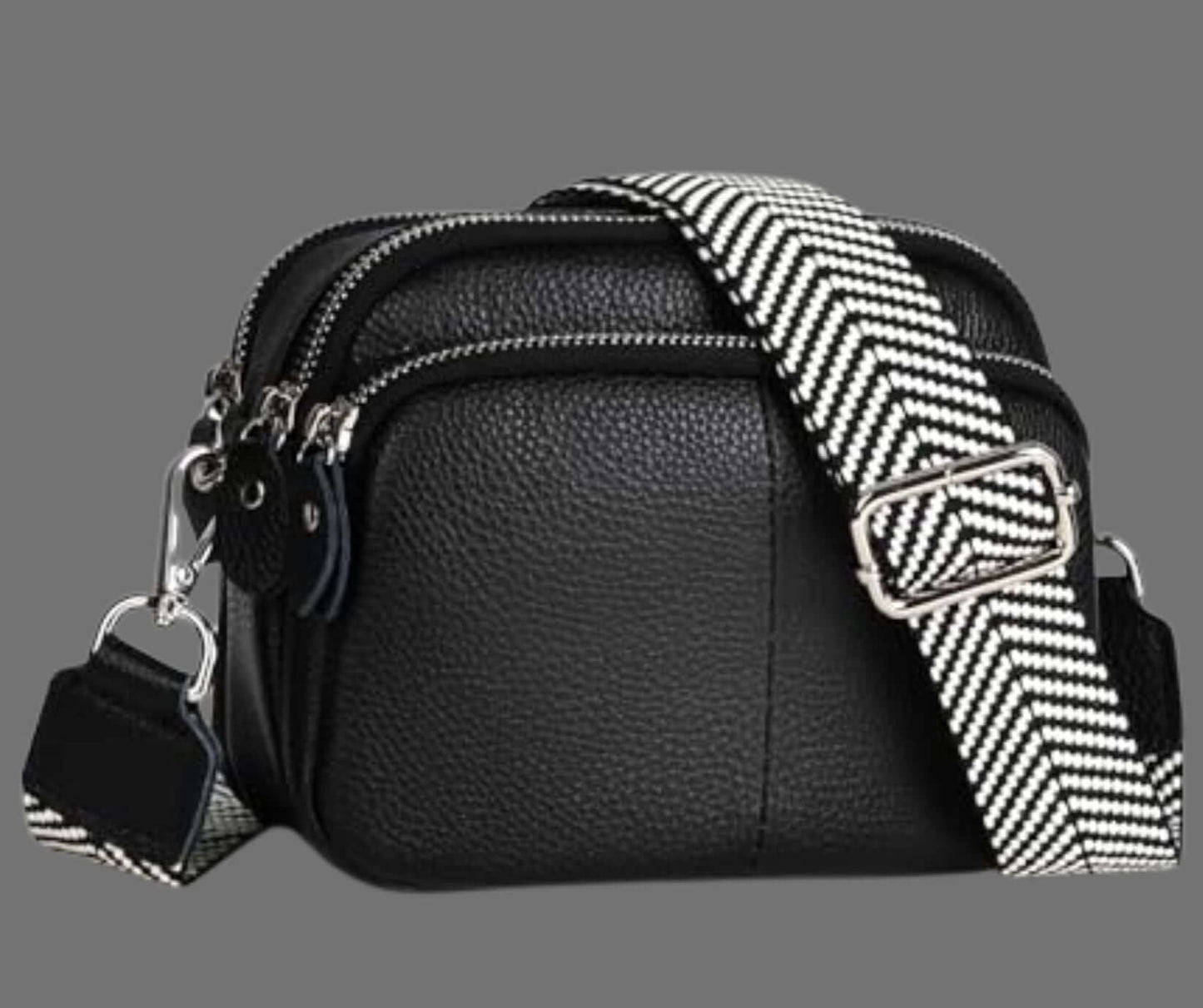 Triple Zip Small Leather Camera Crossbody Bag