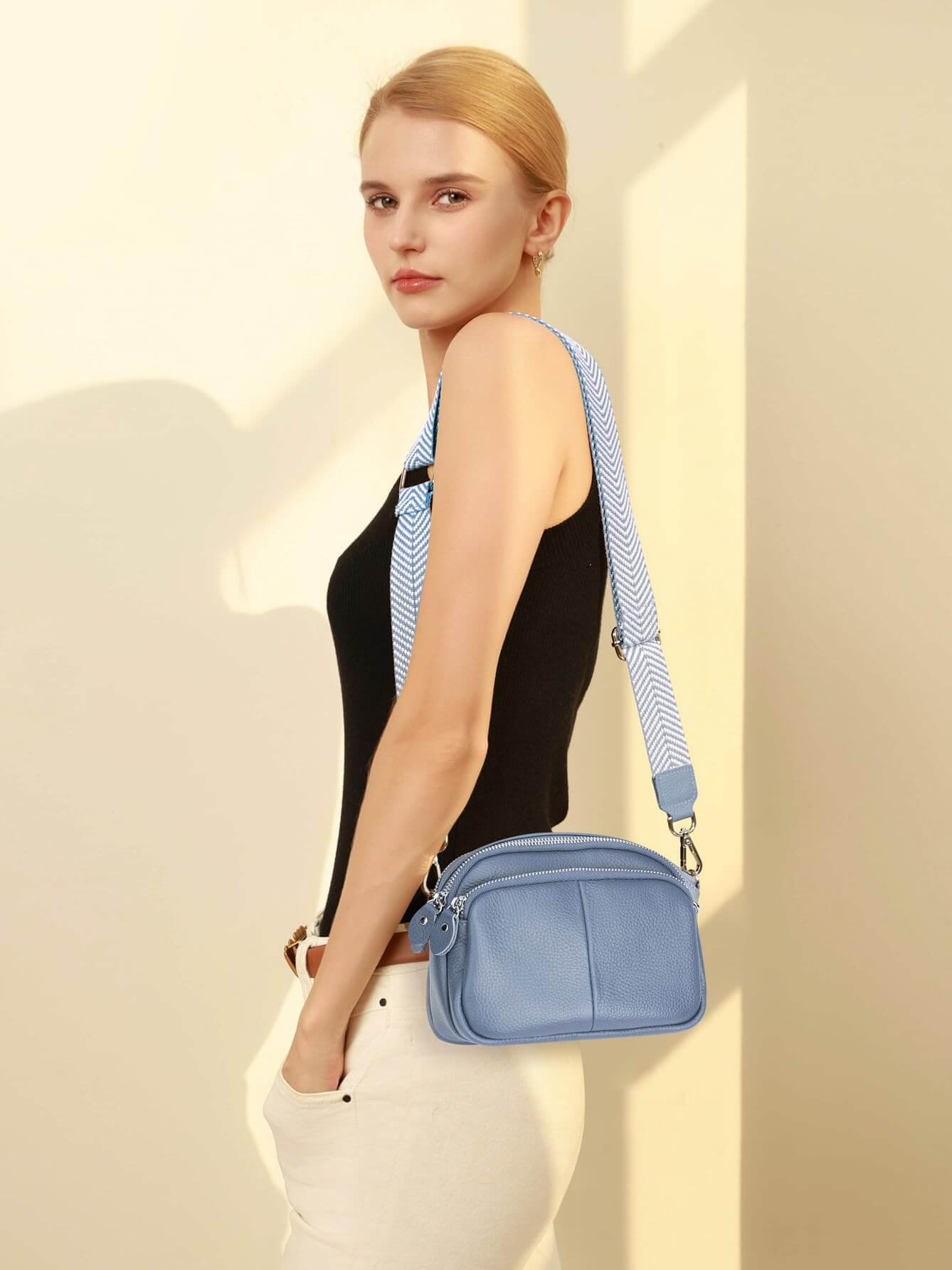 Triple Zip Small Leather Camera Crossbody Bag