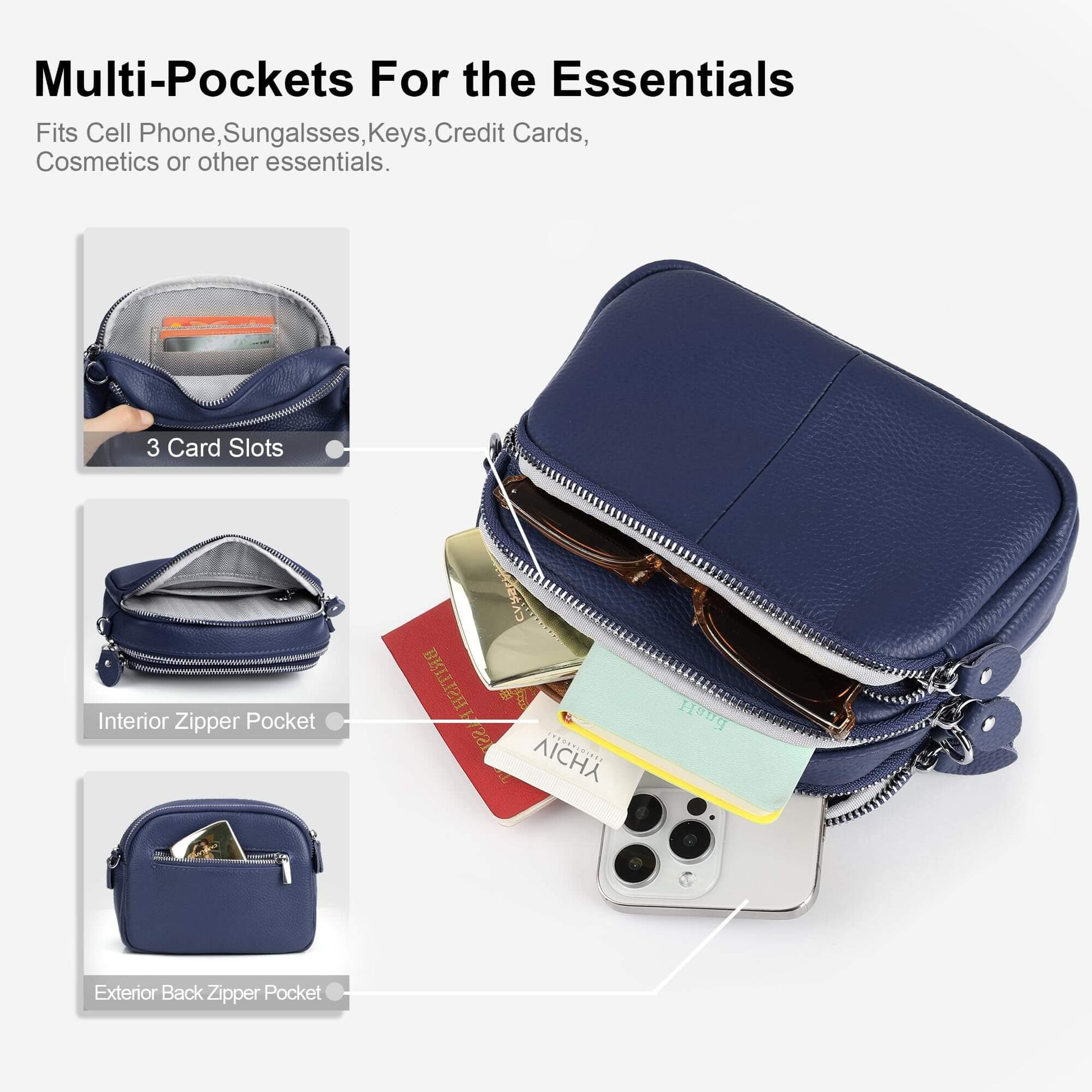 Triple Zip Small Leather Camera Crossbody Bag