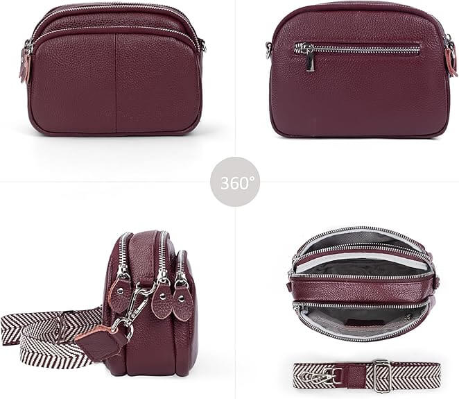 Triple Zip Small Leather Camera Crossbody Bag