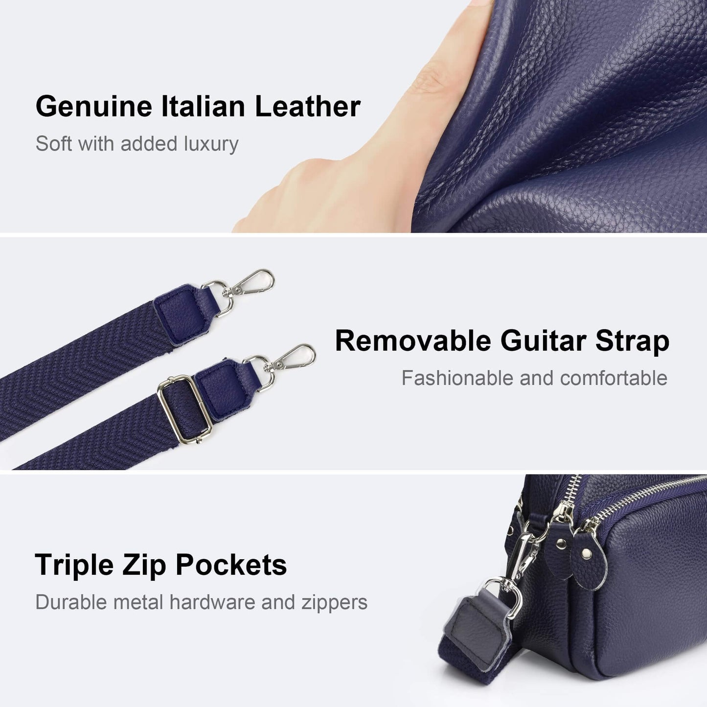 Triple Zip Small Leather Camera Crossbody Bag