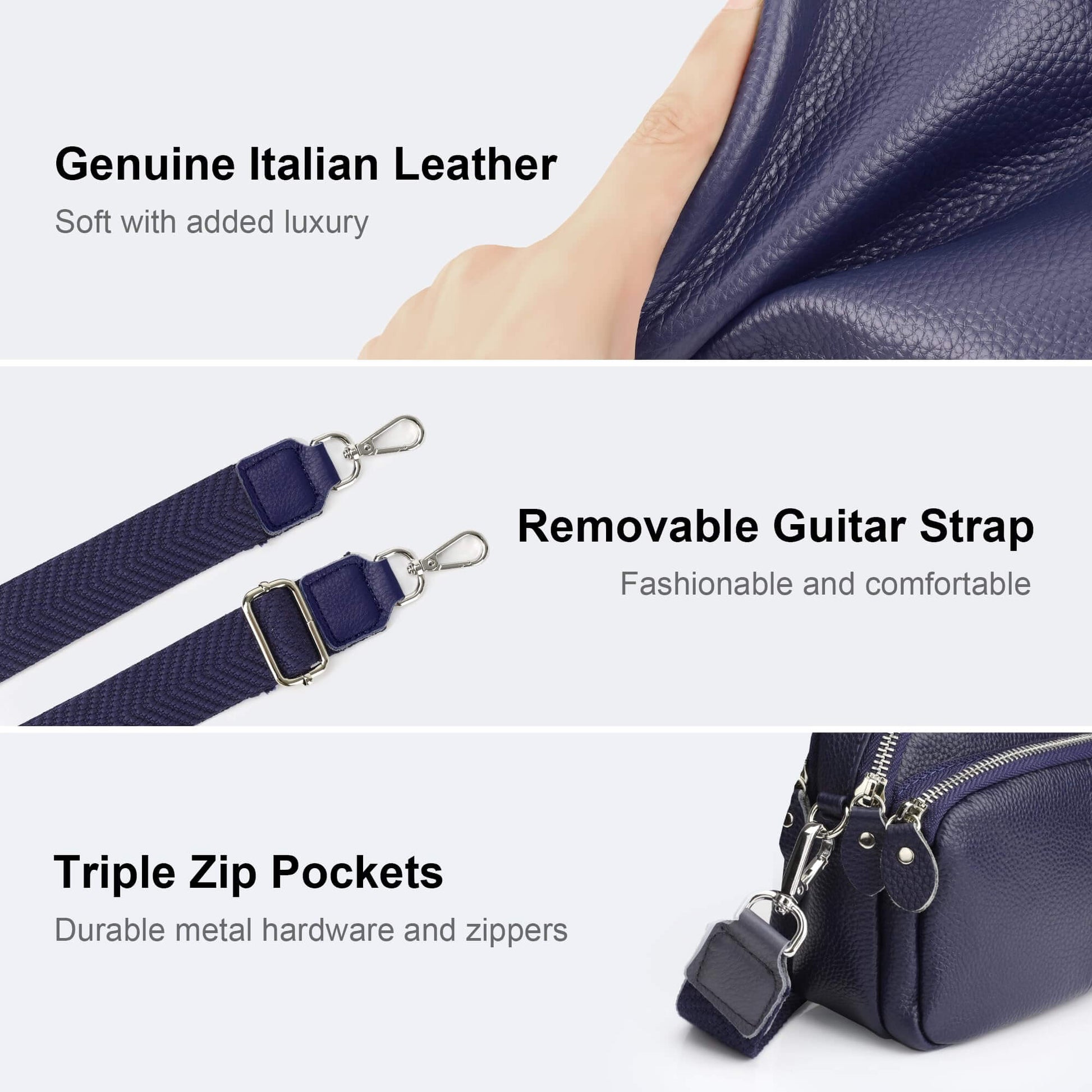 Triple Zip Small Leather Camera Crossbody Bag