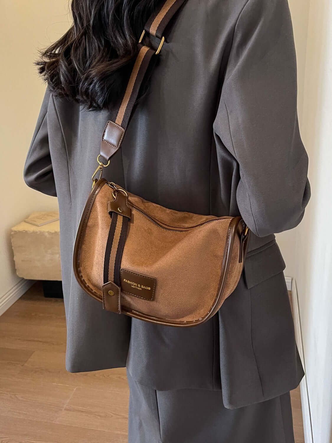 Versatile Suede Shoulder Bag with Adjustable Strap