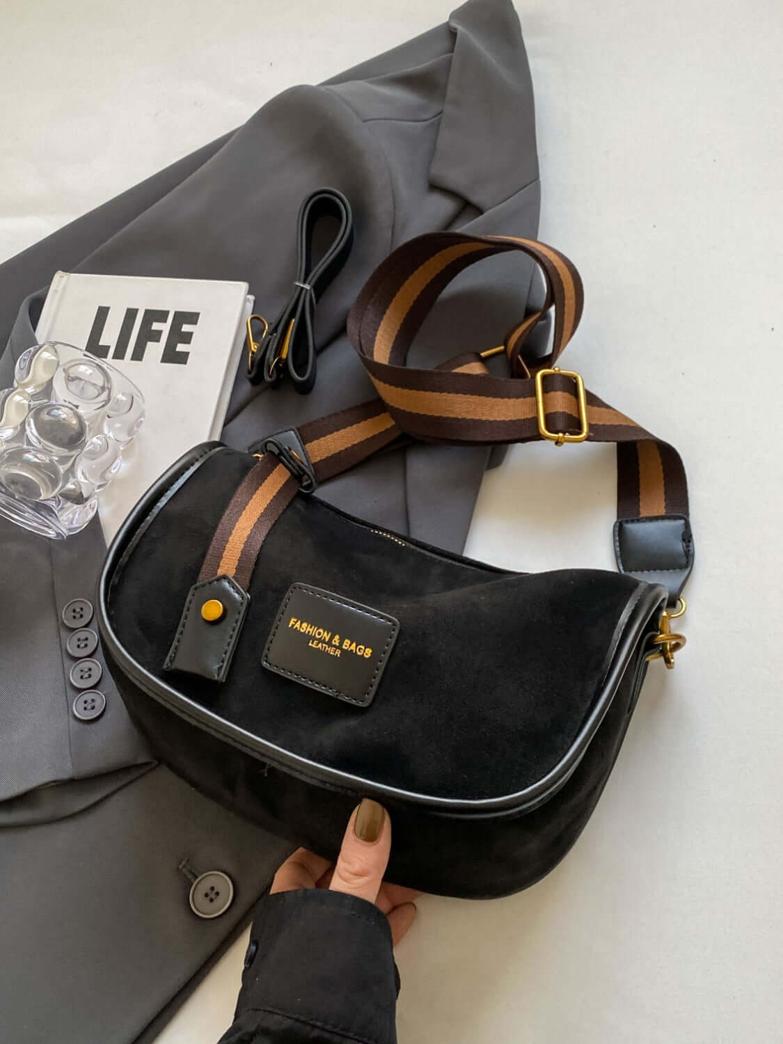 Versatile Suede Shoulder Bag with Adjustable Strap