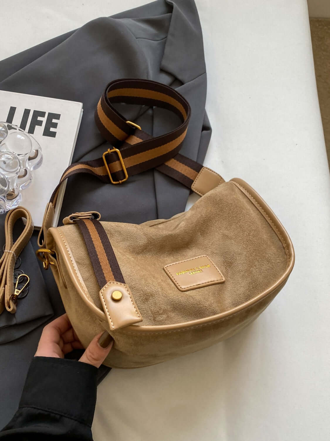 Versatile Suede Shoulder Bag with Adjustable Strap